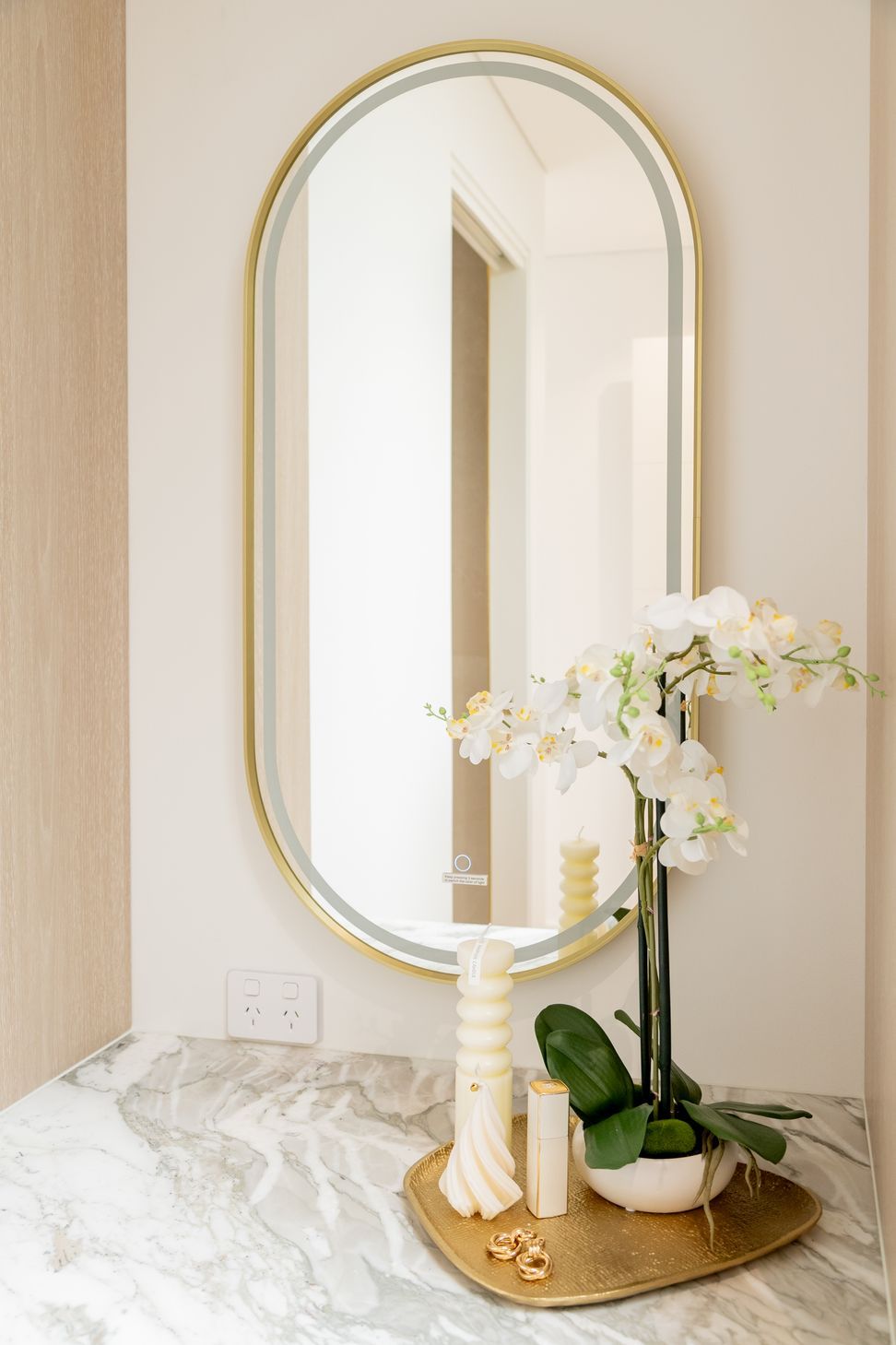 Framed LED Oval Mirror in Brushed Brass