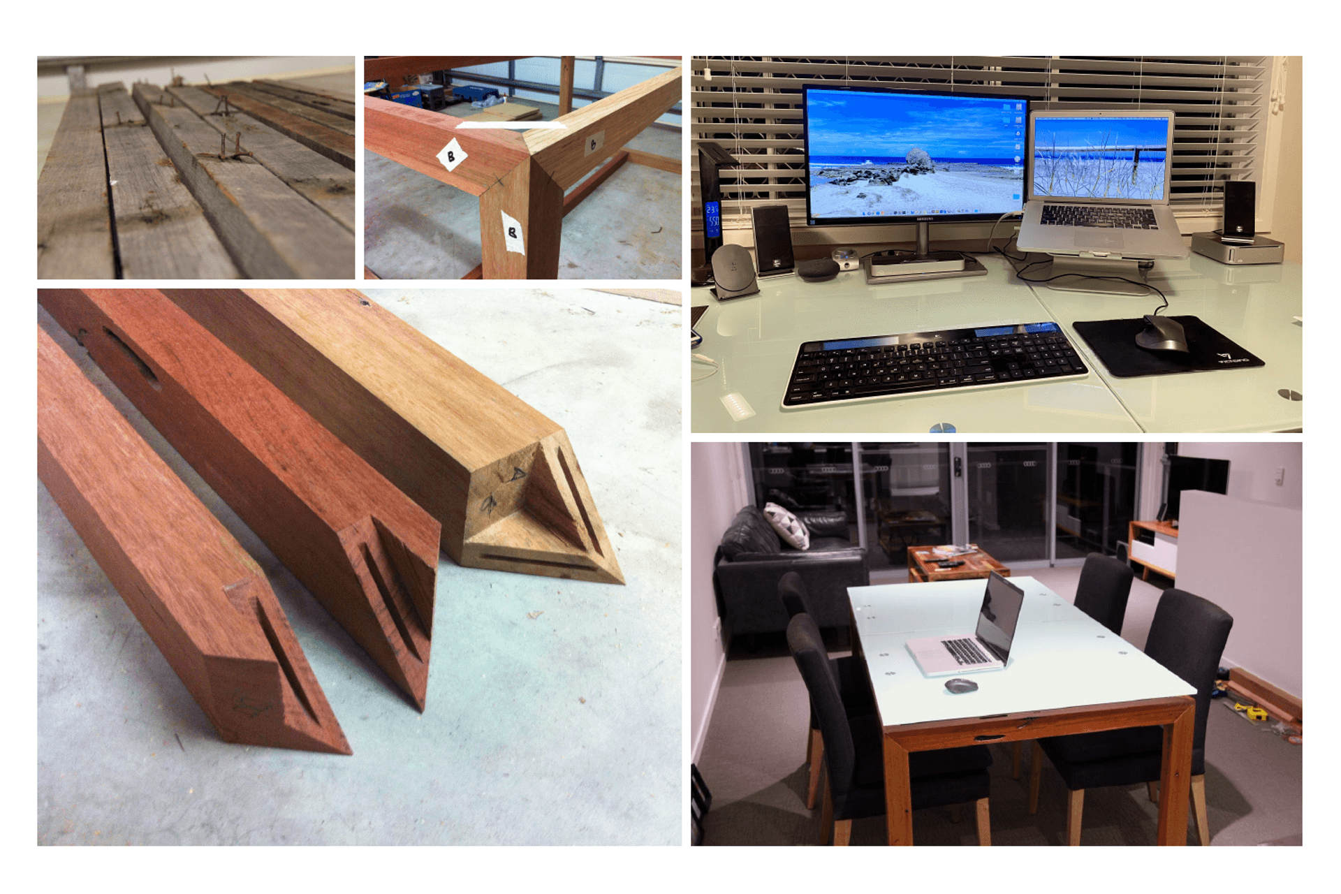 Completed in 2013:  Dining Table/Desk - Upcycled Timber from demolished 1960s hardwood house frame.  75x75 timbers were de-nailed and re-thicknessed to take out twists &amp; bows