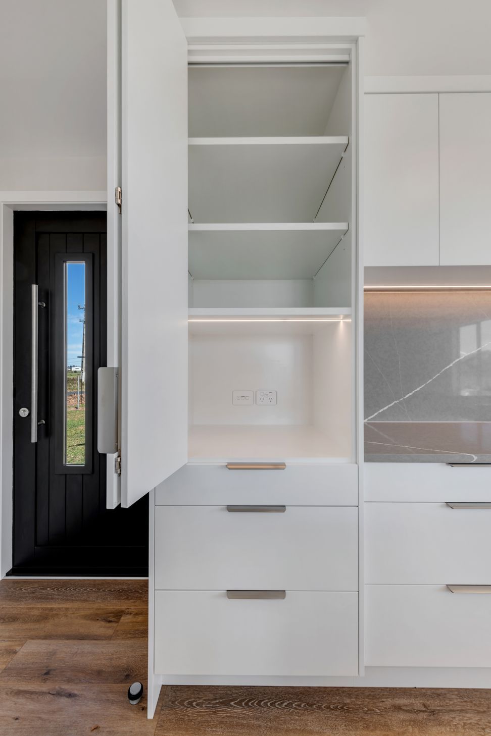 Behind the scenes, still beautifully done. We believe even the hidden spaces deserve attention, this under-sink setup is clean, accessible, and built to stay that way.