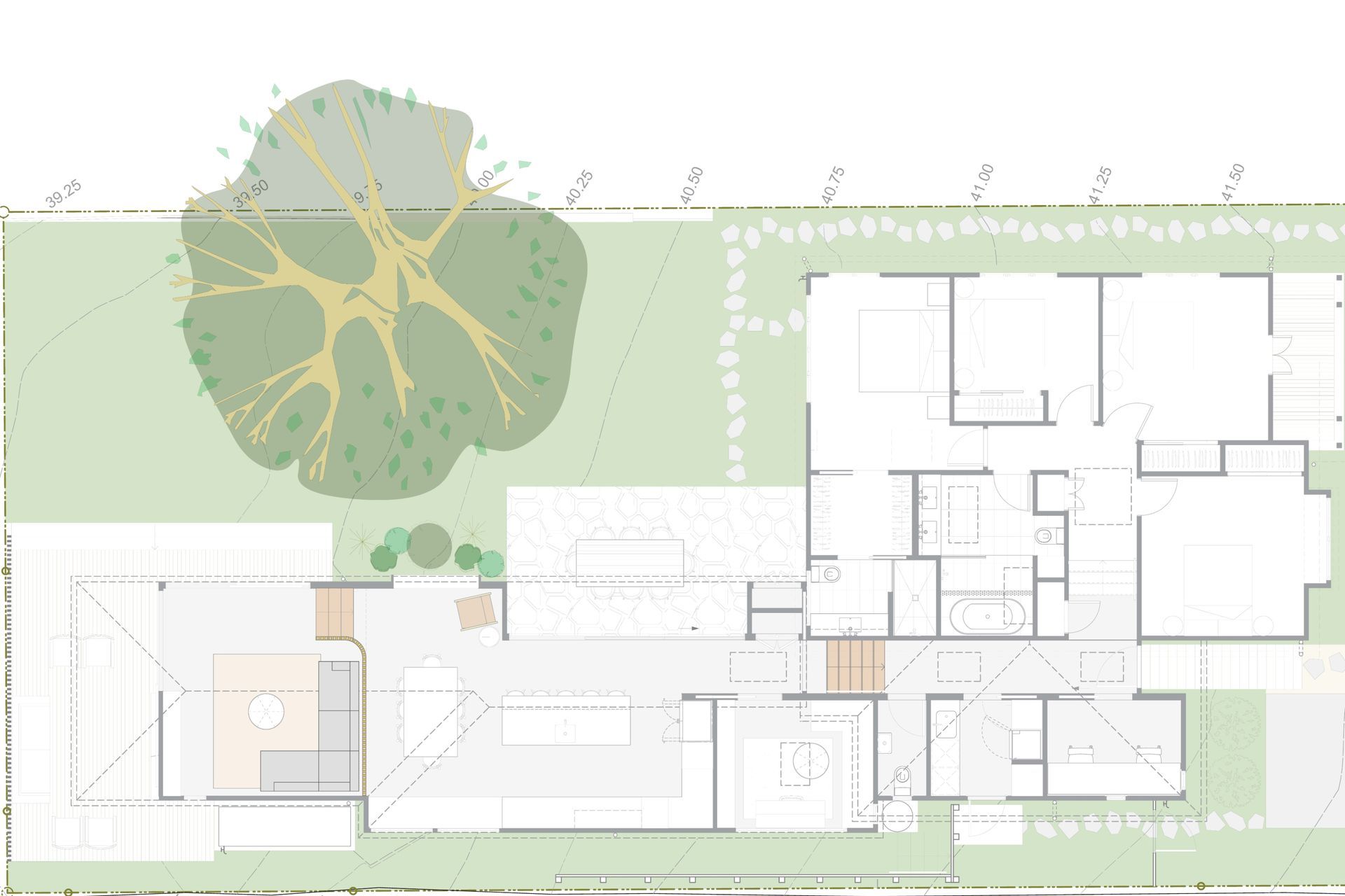 The floor plan illustrates how Something Borrowed, Something Green carefully balances the heritage character of the original Mt Eden bungalow with a contemporary addition designed for modern family life. The restored rooms of the existing home connect to generous new kitchen, dining and living spaces, which open to the garden and bring natural light deep into the plan. Thoughtful planning, bespoke joinery and carefully considered transitions create a warm, functional home where old and new sit c