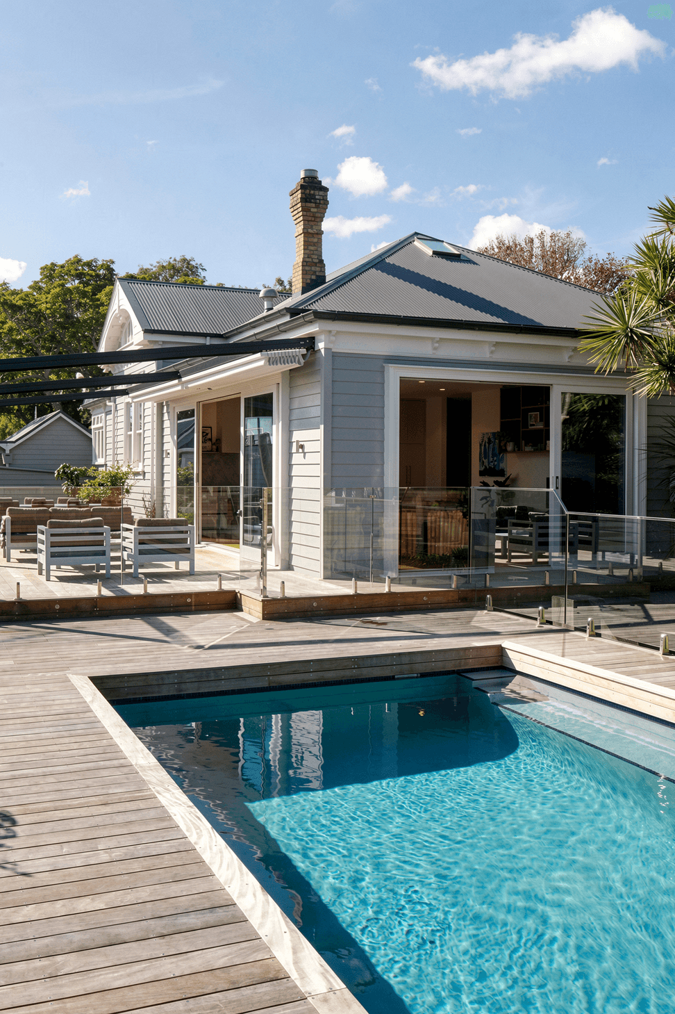From the pool, the addition sits comfortably alongside the restored villa. Weatherboard cladding and timber joinery ensure the new architecture feels sympathetic to the home's heritage character.