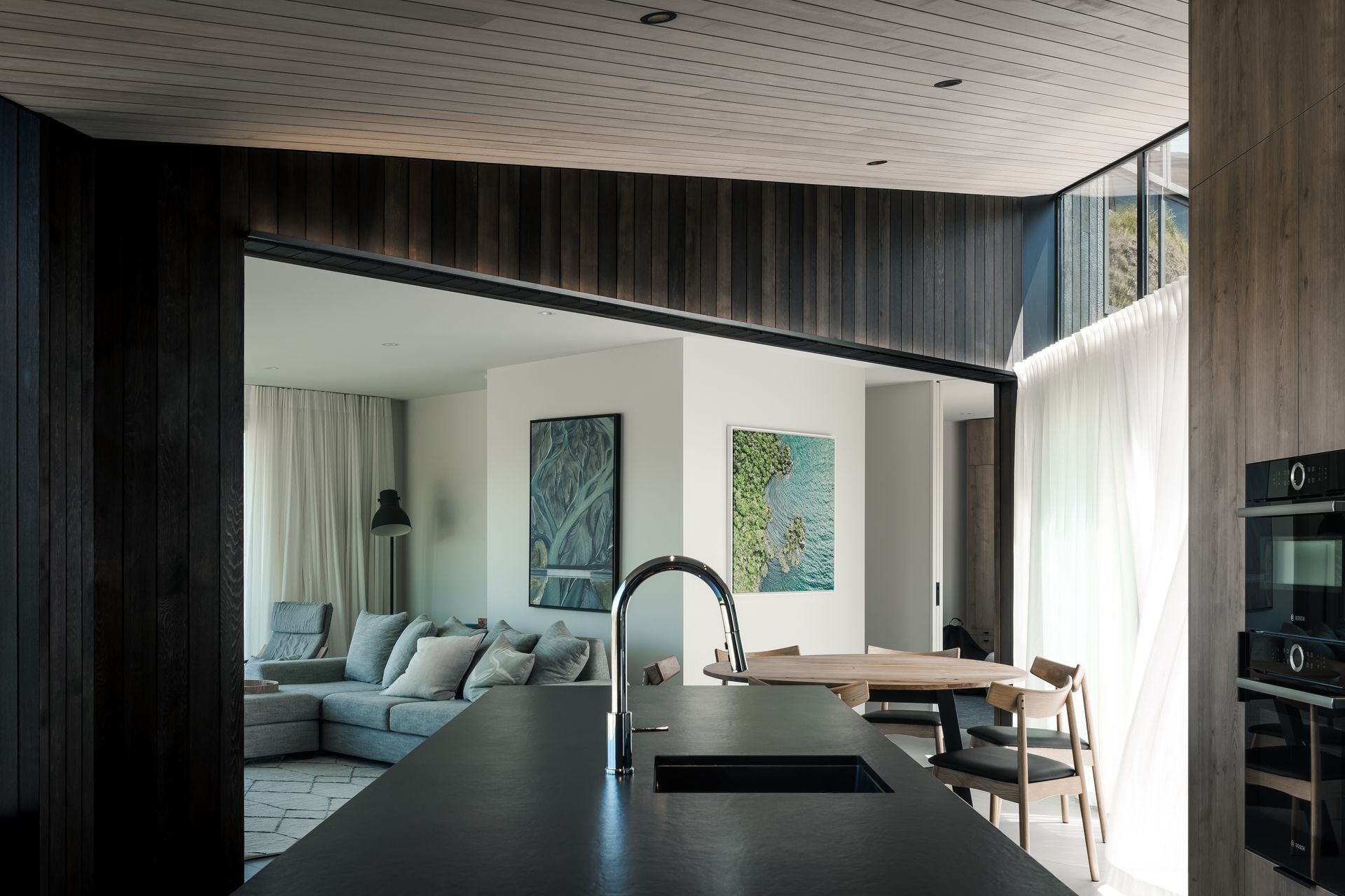 Open plan kitchen, dining, living in the Lake Taupo Home