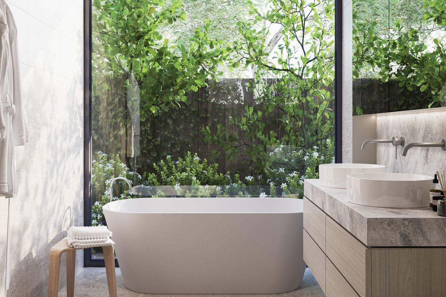 Both bathrooms are luxuriously appointed and unsparingly proportioned, with the option to extend to a third if desired. Crafted with a tastefully simple material palette, each features marble benchtops, ceramic double vanities and brushed chrome fixtures. Ensuites are complete with freestanding baths for an added touch of indulgence.