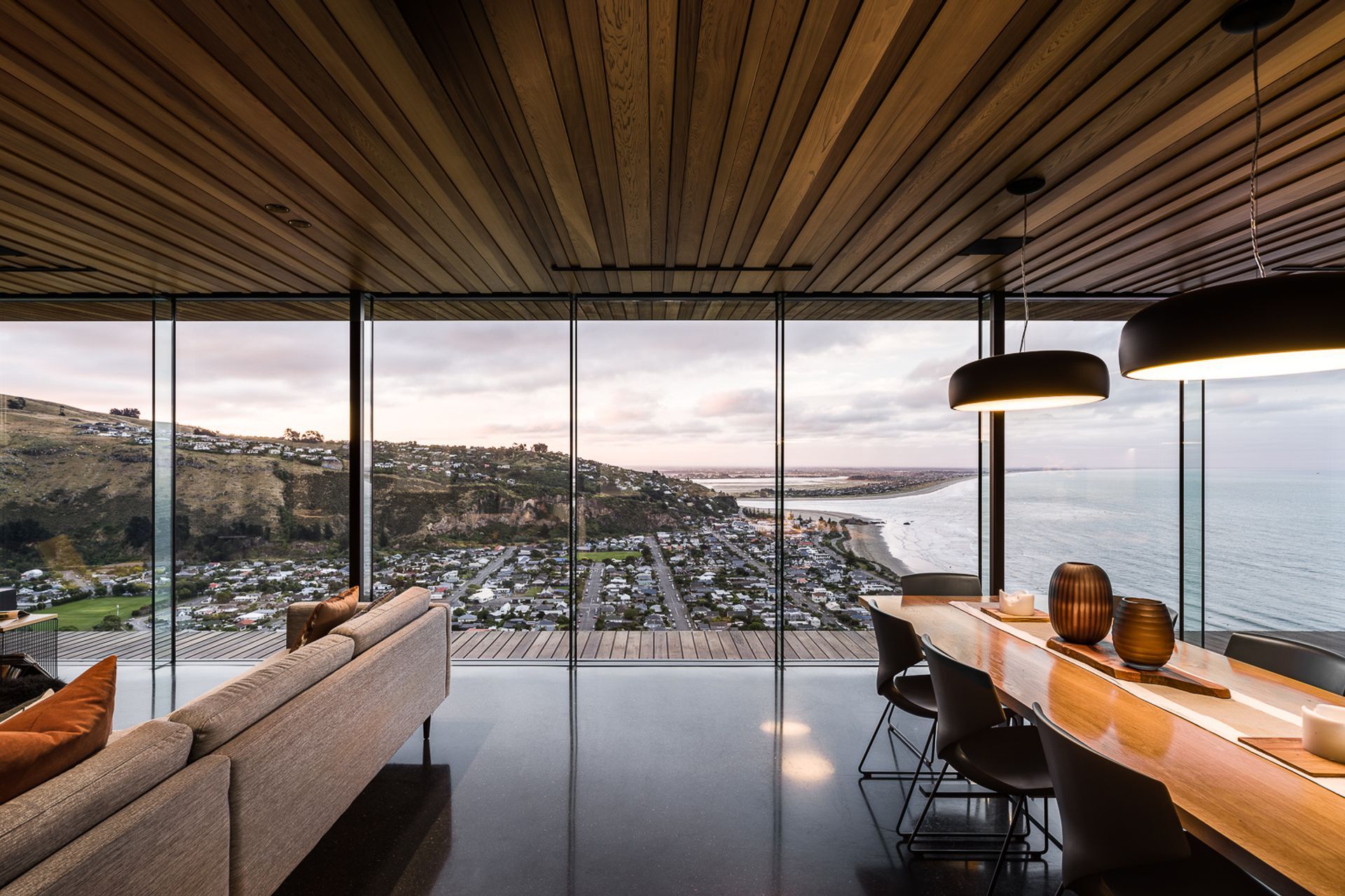 The cedar slats draw the eye towards the outlook.