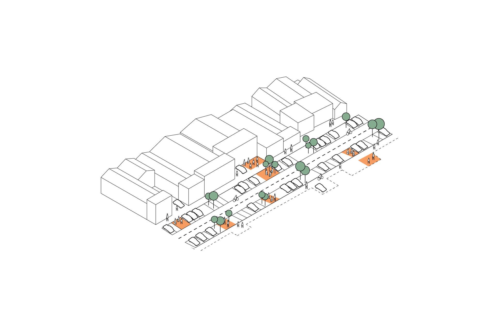 Parking spaces utilised to extend activation into the street at key nodes.