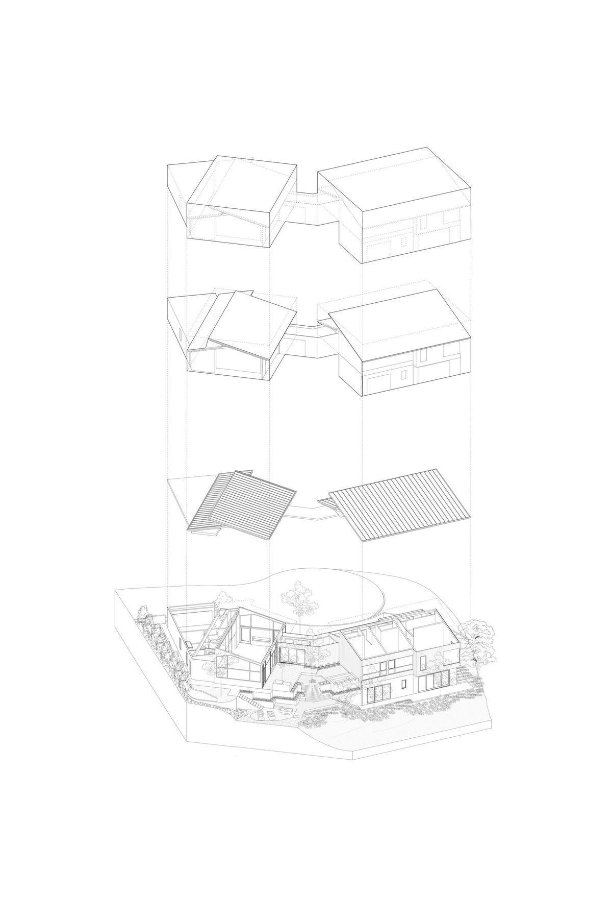 Because the lot slopes to the back, the home is positioned closer to the cul-de-sac with an angled floor plan that follows its contour.