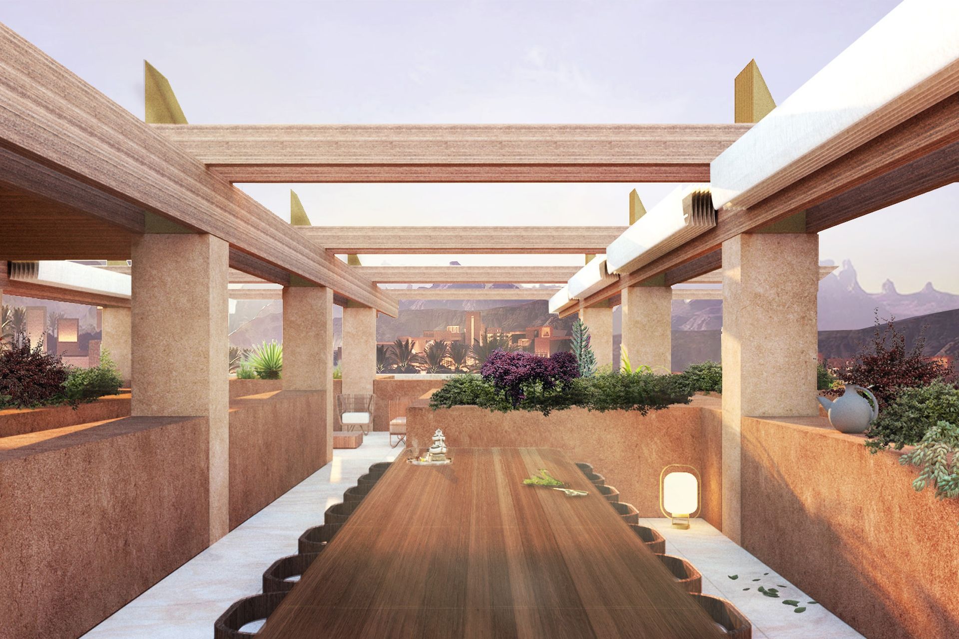Roof terrace, parasol open to provide outlook to sky and drive passive cooling.