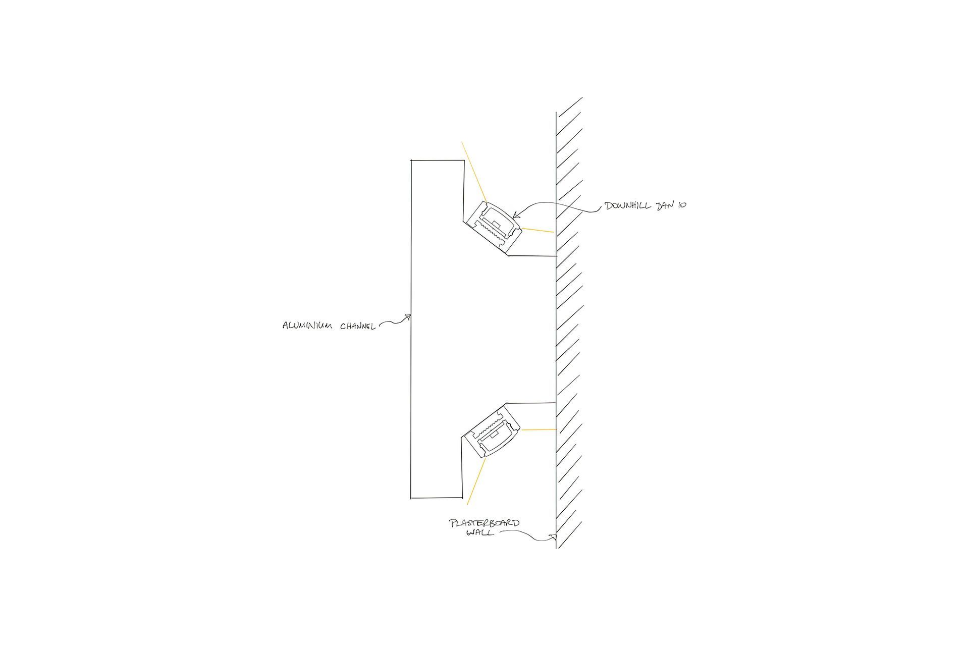 This sectional detail shows how two Downhill Dan 10s were used to illuminate the walls above and below the aluminium joinery rail that ran the perimeter of the store. The Downhill Dan 10 profiles were attached to the dado rail via a double-sided VHB tape.