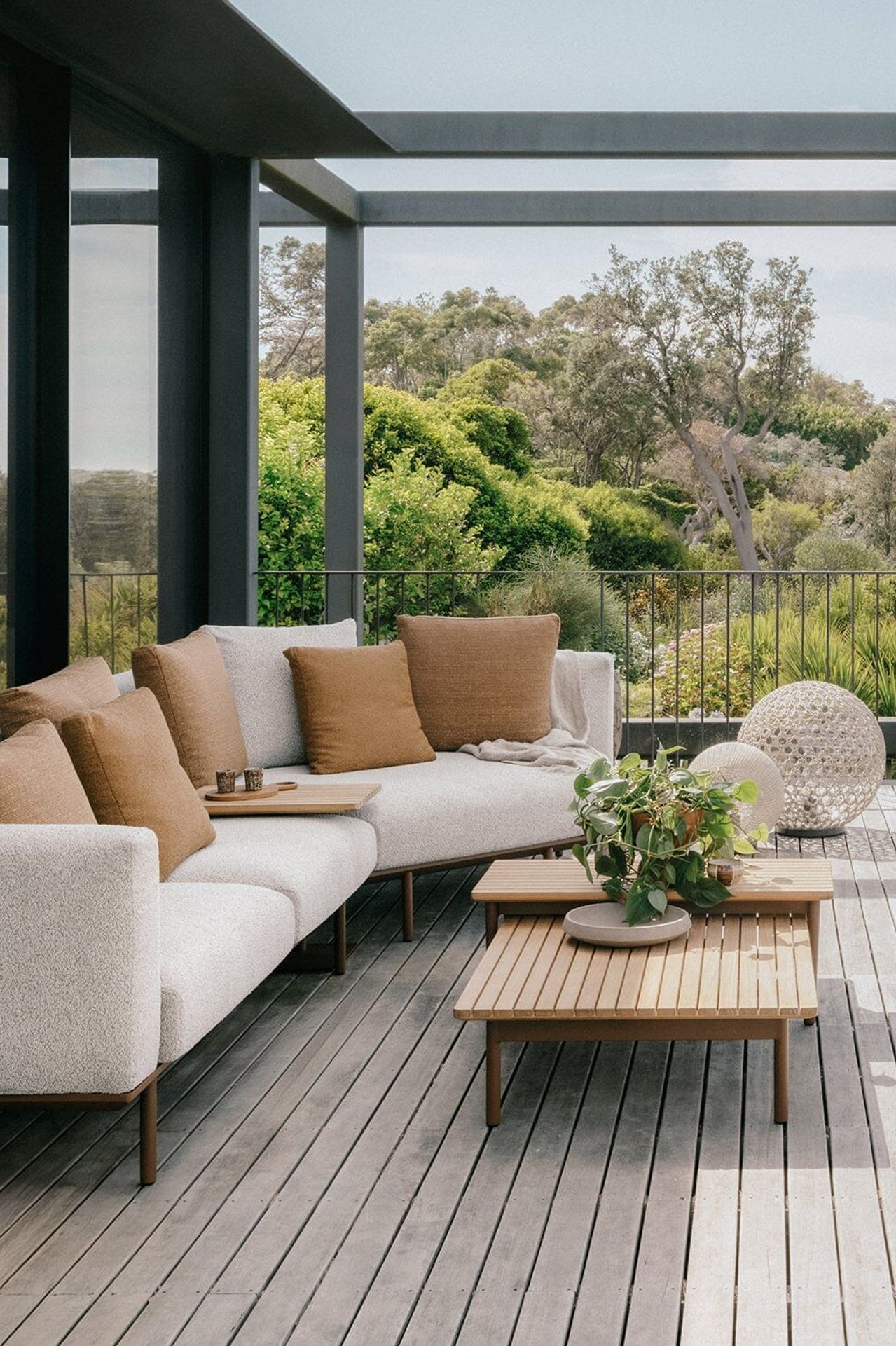 Addis Bay, Featuring multiple modular sofa configurations, as well as coffee and side tables, the Addis Bay collection showcases minimalist linear teak tops paired with neutral ceramic finishes.