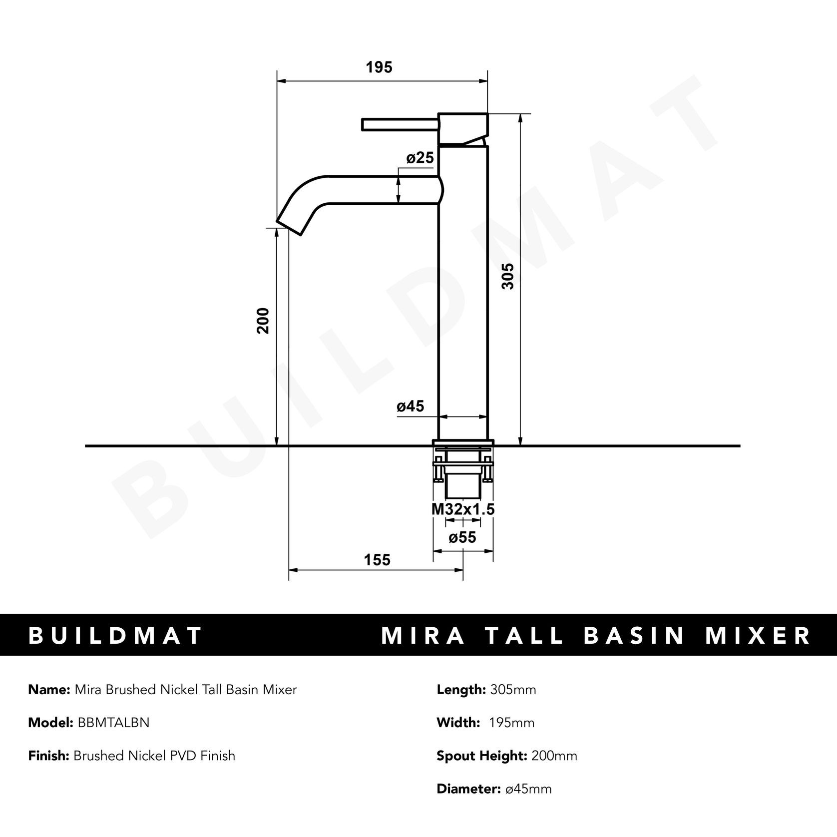 Mira Brushed Nickel Tall Basin Mixer gallery detail image