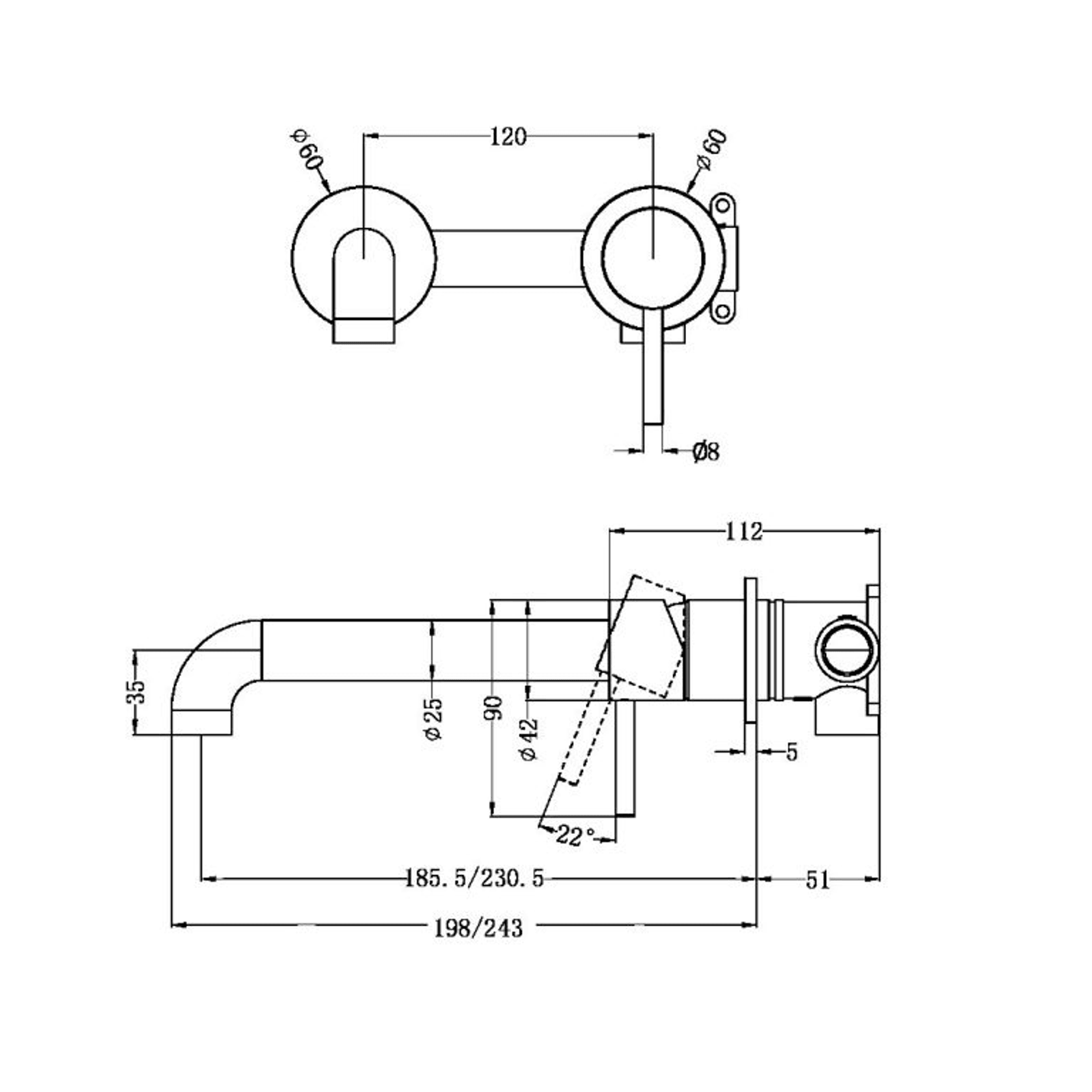 Zen SS316L Wall Basin/Bath Mixer Separate Back Plate 185mm Spout | Brushed Bronze gallery detail image