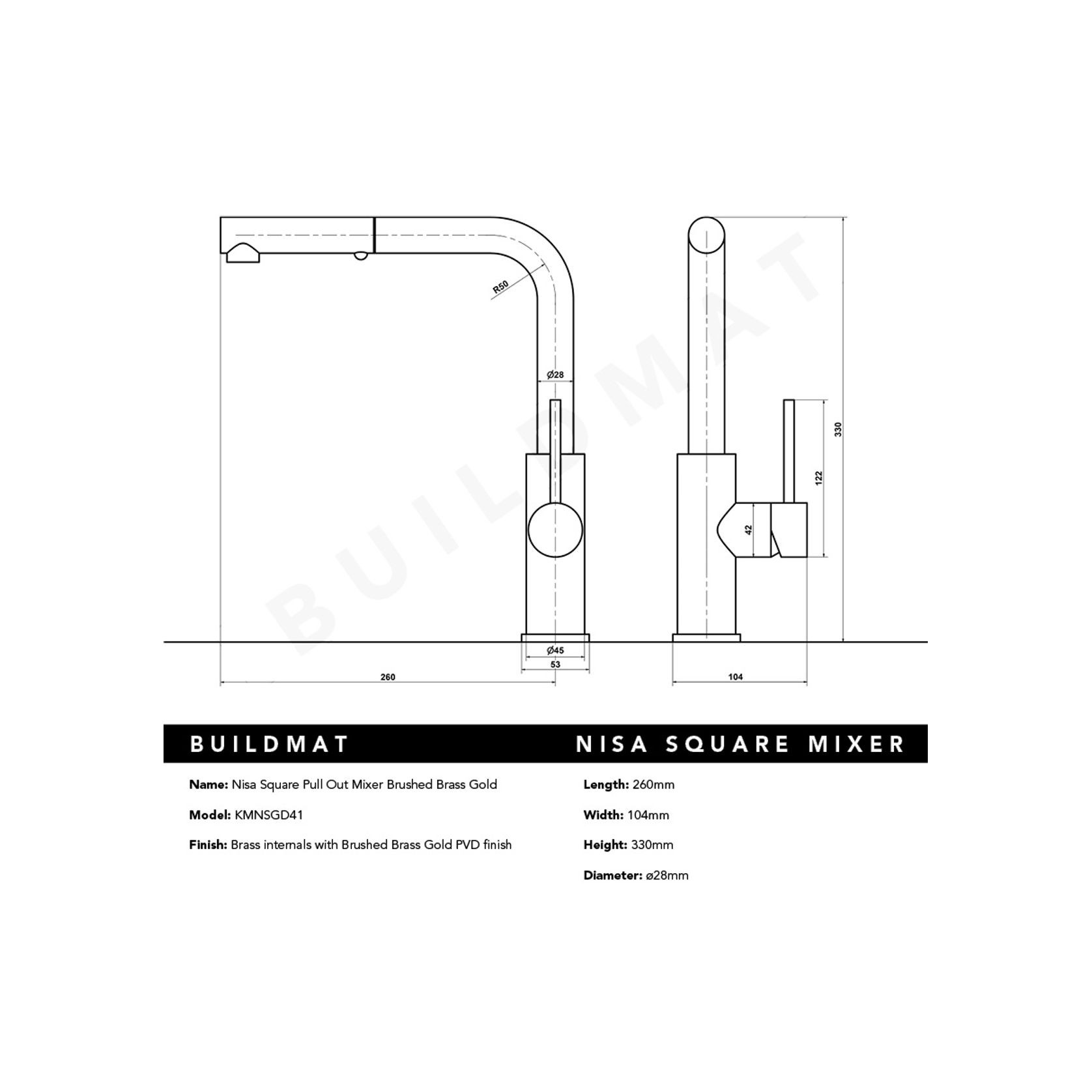Nisa Square Pull Out Mixer Brushed Brass Gold gallery detail image