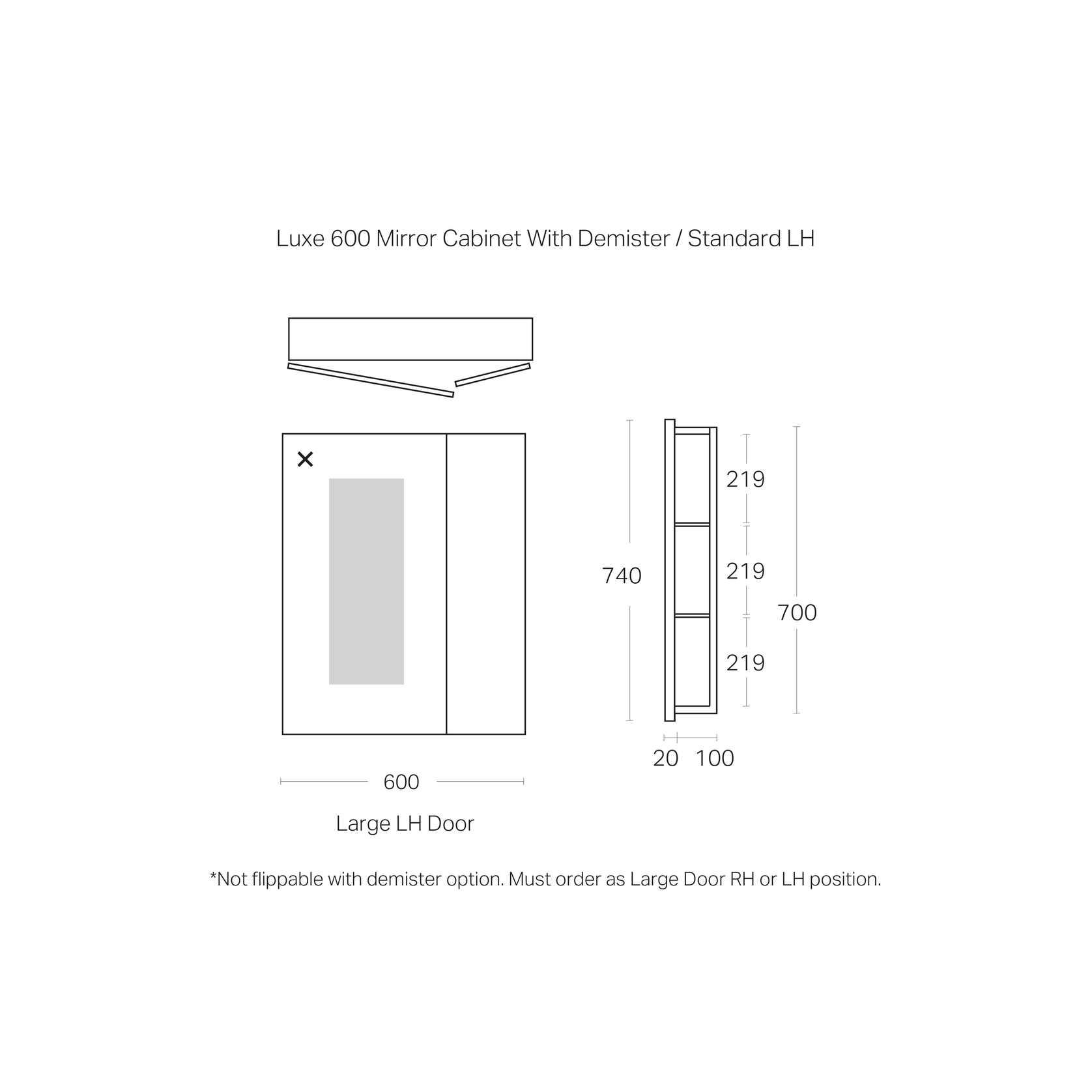 Luxe 600mm Mirror Cabinet With Demister | 2 Door gallery detail image