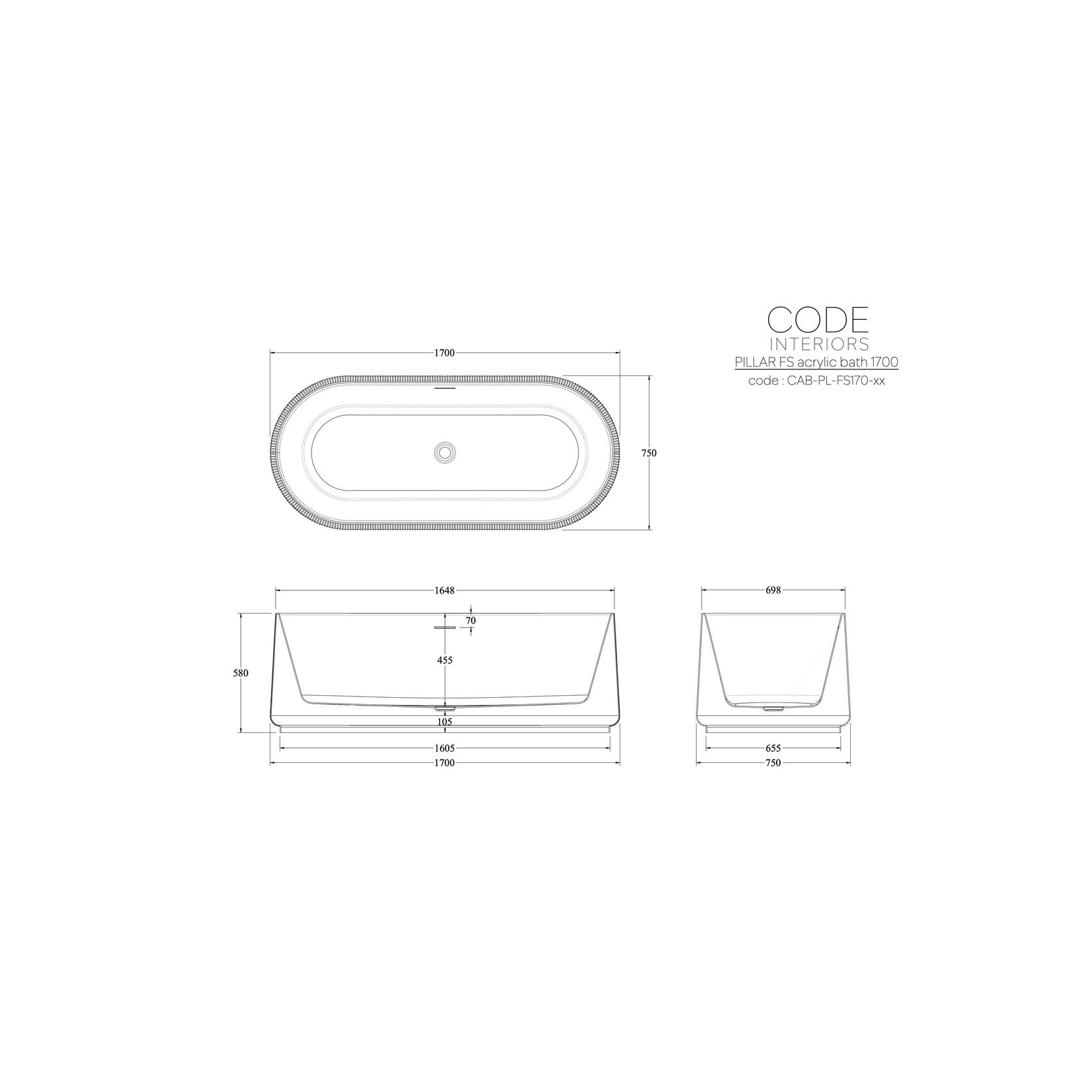 Endura Acrylic Pillar 1700 Freestanding Bath gallery detail image