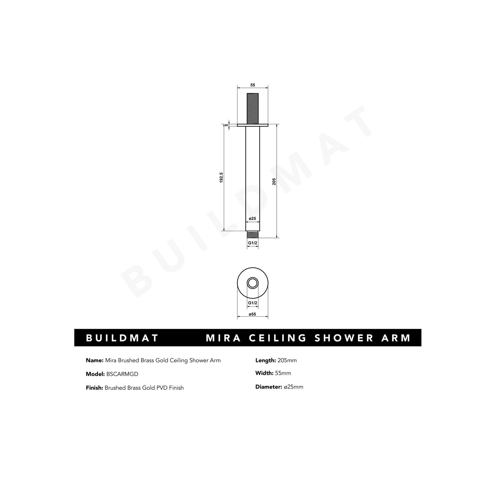 Mira Brushed Brass Gold Ceiling Shower Arm gallery detail image
