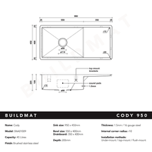 Cody 950x450 Single Bowl w Drain Board Sink gallery detail image