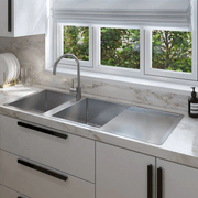 Theo 1200x500 Double Bowl with Drain Board Sink With Taphole Left Hand Drainboard gallery detail image