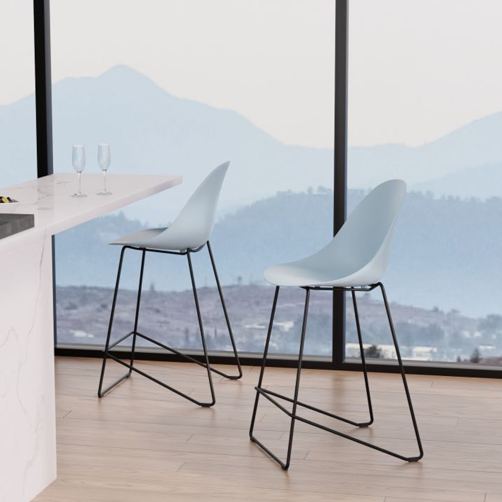 Pebble Blue Stool Shell Seat - Counter Stool 65cm Seat - Black Base gallery detail image