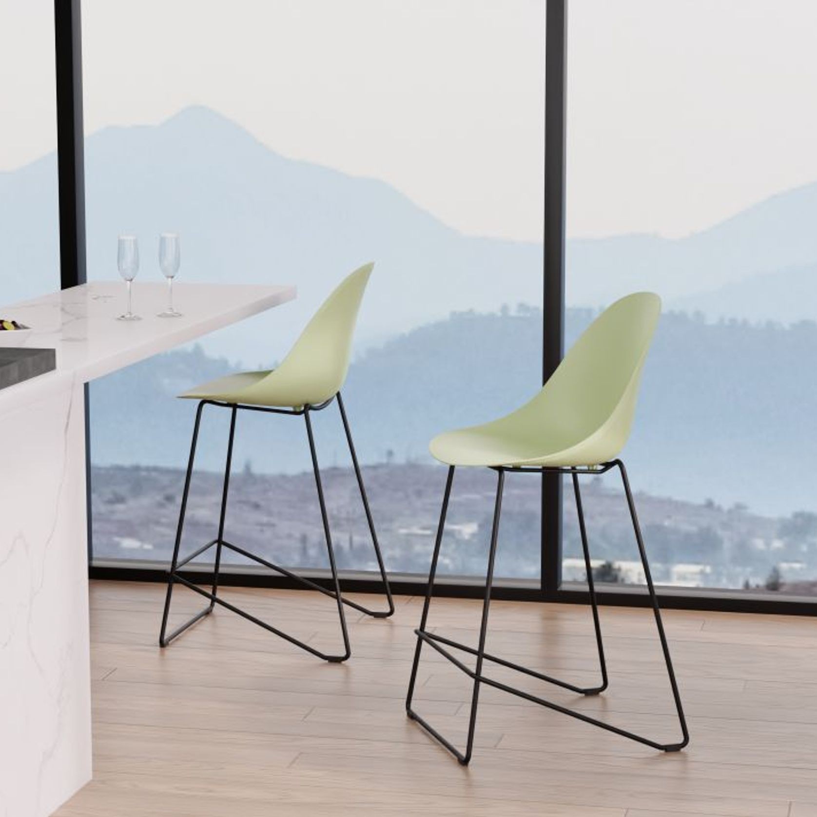 Pebble Mint Green Stool Shell Seat - Bar Stool 75cm Seat - White Base gallery detail image