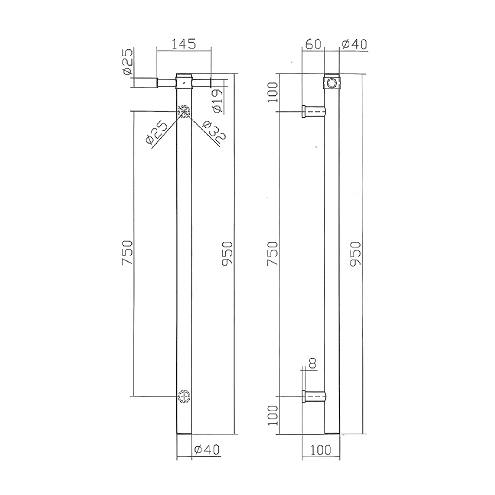 Calora Heated Vertical Towel Rail 1 Bar gallery detail image