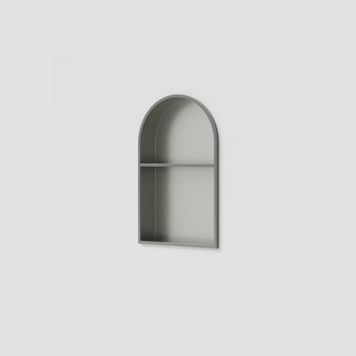Brushed Nickel Acacia Arch Shower Niche with Shelf